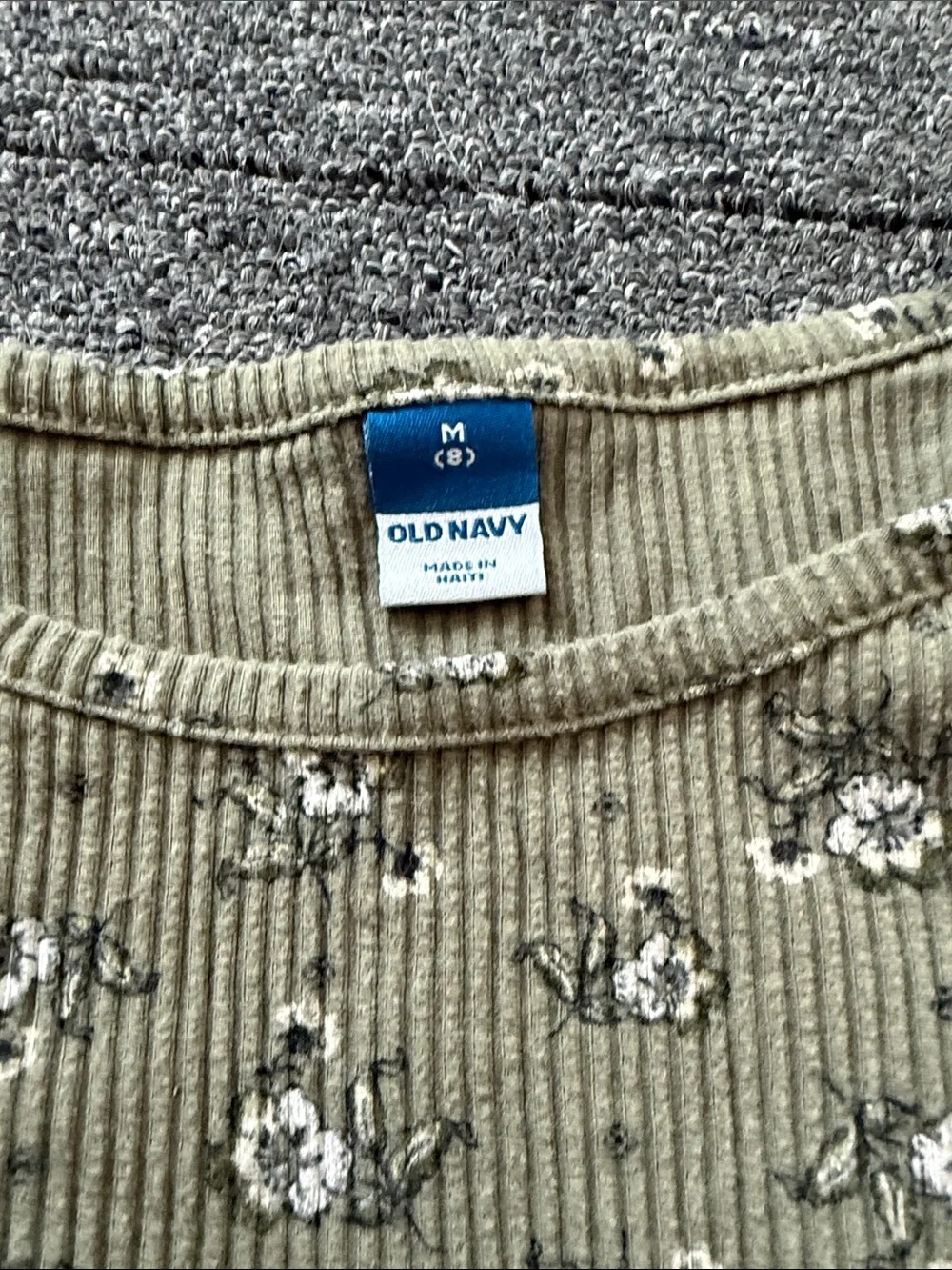 Old Navy Olive Green Floral Ribbed Long-Sleeve Top and Cream Letter Print Tee